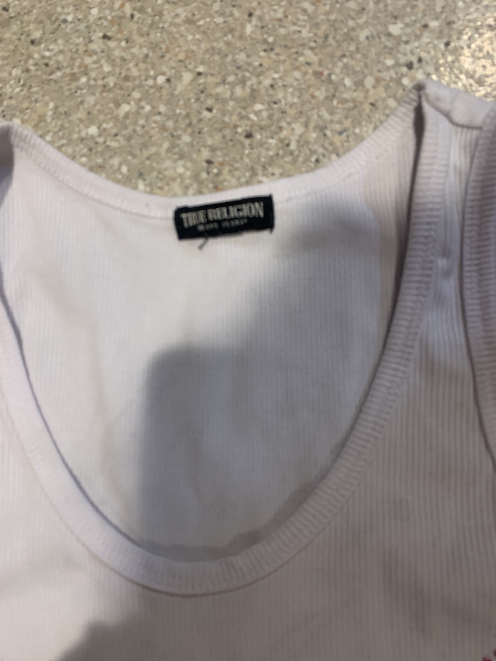 #650 "True Religion" White Ribbed Tank with Pink Bling and Gray Wing Logo - Picture 4 of 5